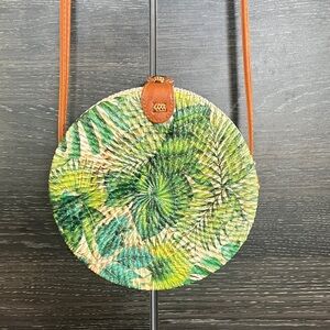 Leaf Print Woven Wood Round Bag